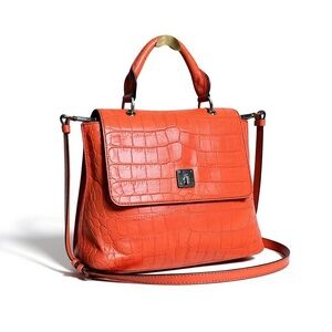MCM Mode Travia Croc-Embossed Satchel – Orange Coral Leather w/ Strap